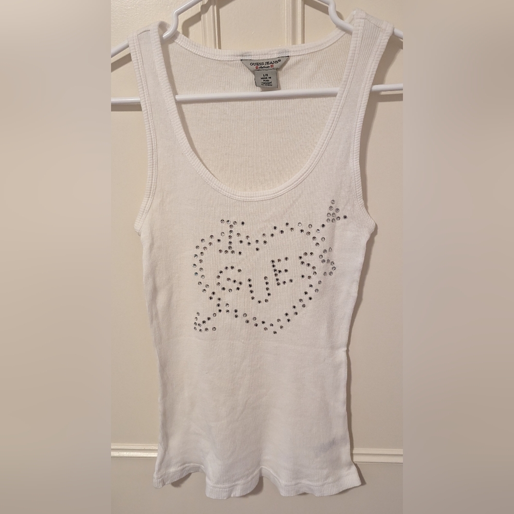 Guess White Scoopneck Rhinestone Tank Top